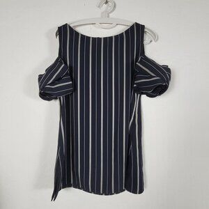 Anne Fontaine Womens Navy White Striped Cold Shoulder Top Blouse Size 42 Stretch
